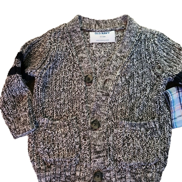 Old Navy 3 Piece Bundle  12-24 Months Soft Cargo Joggers Plaid Shirt & Cardigan - Picture 2 of 8